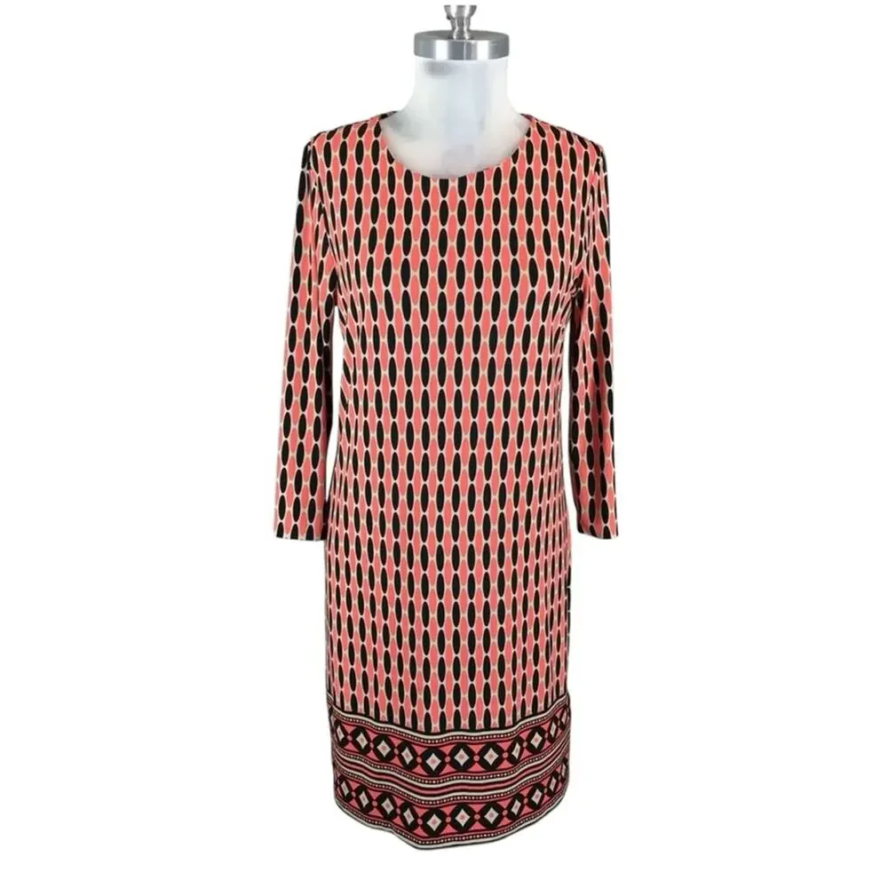 Vintage Michael Kors Coral Black‎ geo Shift dress Size M 3/4 sleeve